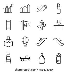 Thin line icon set : diagram, graph up, down arrow, lipstick, stairs, tower crane, route, package, air ballon, escalator, pickup, cleanser, please clean