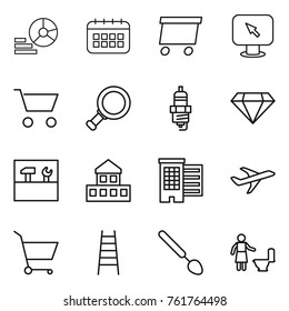 Thin line icon set : diagram, calendar, delivery, monitor arrow, cart, magnifier, spark plug, diamond, tools, cottage, houses, plane, stairs, big spoon, toilet cleaning