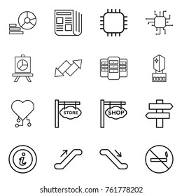 Thin line icon set : diagram, newspaper, chip, presentation, up down arrow, server, crystall memory, cardio, store signboard, shop, singlepost, info, escalator, no smoking