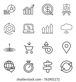 Thin line icon set : diagram, dollar arrow, presentation, around gear, notebook, graph up, cloud wireless, target, add to cart, trip, geo pin, delivery, stopwatch, signpost, reload