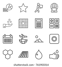 Thin line icon set : diagram, star, courier, notebook globe, chemical industry, cpu, calculator, calendar, plane shipping, landscape, ring button, honeycombs, field, drop, hand
