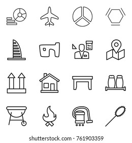 Thin line icon set : diagram, plane, hex molecule, skyscraper, slum, architector, map, cargo top sign, home, table, salt pepper, bbq, fire, vacuum cleaner, duster
