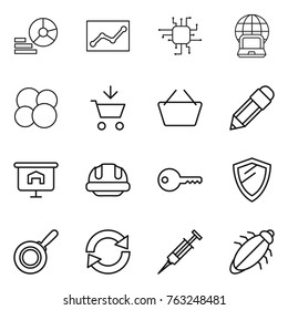 Thin line icon set : diagram, statistics, chip, notebook globe, atom core, add to cart, basket, pencil, presentation, building helmet, key, shield, pan, reload, syringe, bug