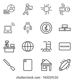 Thin line icon set : diagram, courier, chip, satellite, notebook wireless, jet robot, info, block wall, customs control, globe, pool, welcome mat, spatula, cutting board, house, bug