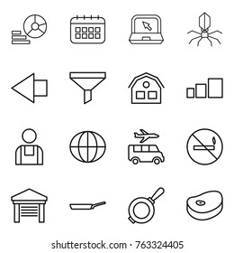 Thin line icon set : diagram, calendar, notebook, virus, left arrow, funnel, house, sorting, workman, globe, transfer, no smoking, garage, pan, steake