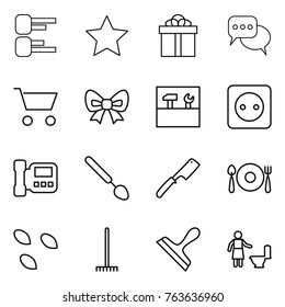 Thin line icon set : diagram, star, gift, discussion, cart, bow, tools, power socket, intercome, big spoon, chef knife, fork plate, seeds, rake, scraper, toilet cleaning