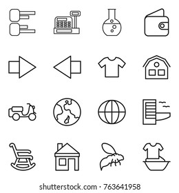 Thin line icon set : diagram, cashbox, round flask, wallet, right arrow, left, t shirt, house, scooter shipping, earth, globe, hotel, rocking chair, wasp, handle washing