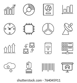 Thin line icon set : diagram, circle, annual report, graph, clock, chip, satellite antenna, up, notebook connect, phone wireless, server, cloude service, crystall memory, bar code, presentation