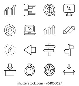 Thin line icon set : diagram, dollar arrow, monitor, around gear, notebook, graph up, down, lightning, left, singlepost, signpost, package, stopwatch, compass