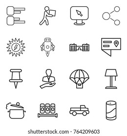 Thin line icon set : diagram, courier, monitor arrow, molecule, sun power, jet robot, school, location details, pin, client, parachute delivery, floor lamp, steam pan, spices, pickup