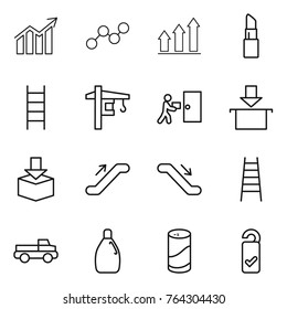 Thin line icon set : diagram, graph, up, lipstick, stairs, tower crane, courier delivery, package, escalator, pickup, cleanser, powder, please clean