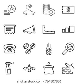 Thin line icon set : diagram, electric car, virtual mining, receipt, atm, loudspeaker, ruler, sorting, phone, coffee seeds, spikelets, viruses, sprayer, hard reach place cleaning, hanger