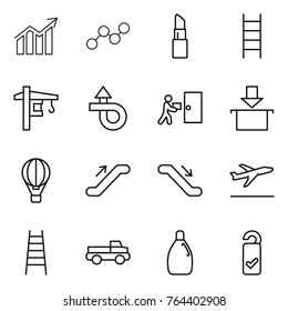 Thin line icon set : diagram, graph, lipstick, stairs, tower crane, trip, courier delivery, package, air ballon, escalator, departure, pickup, cleanser, please clean