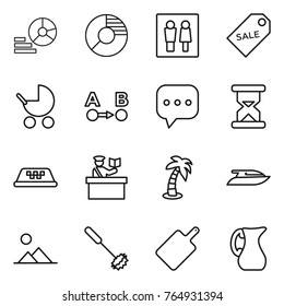 Thin line icon set : diagram, circle, wc, sale label, baby stroller, route a to b, sms, sand clock, taxi, inspector, palm, yacht, landscape, whisk, cutting board, jug