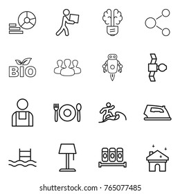 Thin line icon set : diagram, courier, bulb brain, molecule, bio, group, jet robot, satellite, workman, cafe, surfer, iron, pool, floor lamp, spices, house cleaning