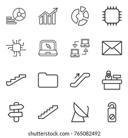 Thin line icon set : diagram, circle, chip, notebook, connect, mail, stairs, documents, escalator, reception, signpost, satellite antenna, do not distrub