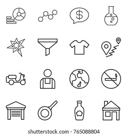 Thin line icon set : diagram, graph, money message, round flask, bang, funnel, t shirt, route, scooter shipping, workman, earth, no smoking, garage, pan, ketchup, house