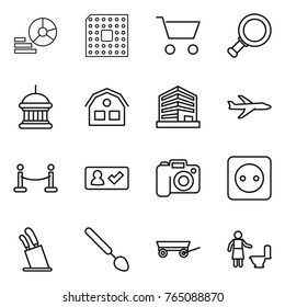 Thin line icon set : diagram, cpu, cart, magnifier, goverment house, office, plane, vip fence, check in, camera, power socket, stands for knives, big spoon, trailer, toilet cleaning