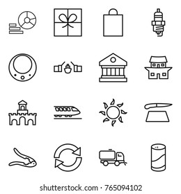 Thin line icon set : diagram, gift, shopping bag, spark plug, necklace, drawbridge, library, japanese house, fort, train, sun, cutting board, walnut crack, reload, sweeper, cleanser powder