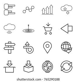 Thin line icon set : diagram, graph, up, cloude service, cloud wireless, target, add to cart, left arrow, singlepost, trip, geo pin, delivery, package, compass, reload