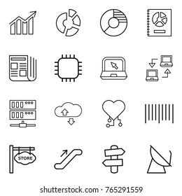 Thin line icon set : diagram, circle, annual report, newspaper, chip, notebook, connect, server, cloude service, cardio, bar code, store signboard, escalator, signpost, satellite antenna