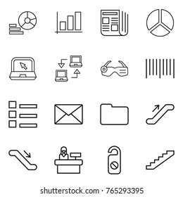 Thin line icon set : diagram, graph, newspaper, notebook, connect, smart glasses, bar code, list, mail, documents, escalator, reception, do not distrub, stairs