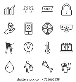 Thin line icon set : diagram, group, sale, lock, real estate, mobile location, compass, surveillance camera, Chair for babies, sheep, thermometer, grain elevator, drop, trash, blower, wiping