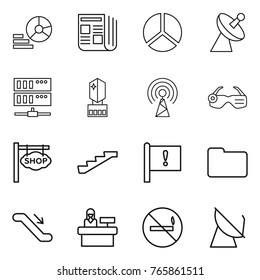 Thin line icon set : diagram, newspaper, satellite antenna, server, crystall memory, smart glasses, shop signboard, stairs, important flag, documents, escalator, reception, no smoking