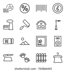 Thin line icon set : diagram, percent, bar code, info, factory, repair, house, outdoor light, ticket, landscape, flower in window, speaker, cutting board, pets, fence, hanger
