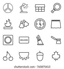 Thin line icon set : diagram, table lamp, market, magnifier, flammable, flippers, watch, curtain, ring button, welcome mat, knife holder, turk, cherry, udder, acorn, maple leaf
