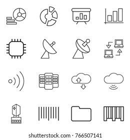 Thin line icon set : diagram, circle, presentation, graph, chip, satellite antenna, notebook connect, wireless, server, cloude service, cloud, crystall memory, bar code, documents