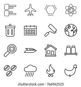Thin line icon set : diagram, plane, hex molecule, atom, bin, calendar, repair, globe, cargo search, yacht, home, salt pepper, coffee seeds, rain cloud, fire, chicken