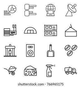 Thin line icon set : diagram, notebook globe, satellite antenna, mall, hangare, modular house, loading crane, detector, speaker, scoop, coffee seeds, wheelbarrow, cheese, sprayer, home call cleaning