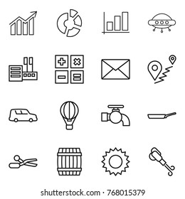 Thin line icon set : diagram, circle, graph, ufo, store, calculator, mail, route, car shipping, air ballon, water tap, pan, scissors, barrel, sun, blower