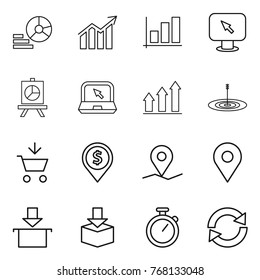 Thin line icon set : diagram, graph, monitor arrow, presentation, notebook, up, target, add to cart, dollar pin, geo, package, stopwatch, reload