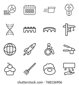 Thin line icon set : diagram, calendar, delivery, bulb brain, dna, bridge, tower crane, globe, rocket, invalid, garlic clasp, cupcake, fork, soap, hand dryer