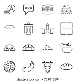 Thin line icon set : diagram, message, server, lunar rover, electrostatic, bin, castle, window, dome house, greenhouse, shark flipper, steam pan, cookies, eggplant, cow, bread