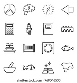 Thin line icon set : diagram, brain, lightning, left arrow, calculator, spark plug, copybook, bridge, fountain, crib, ring button, fish, mortar, clean floor, spot