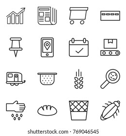 Thin line icon set : diagram, newspaper, delivery, bunker, pin, mobile location, terms, transporter tape, trailer, colander, spikelets, viruses, sow, bread, trash bin, bug