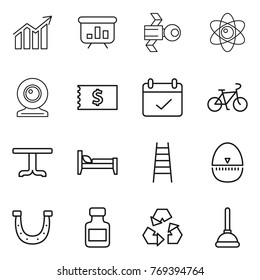 Thin line icon set : diagram, presentation, satellite, atom, web cam, receipt, terms, bike, table, bed, stairs, egg timer, horseshoe, pills bottle, recycling, plunger