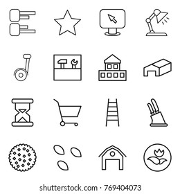 Thin line icon set : diagram, star, monitor arrow, table lamp, segway, tools, cottage, warehouse, sand clock, cart, stairs, knife holder, cookies, seeds, barn, ecology