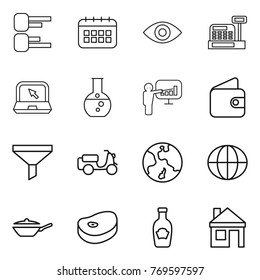 Thin line icon set : diagram, calendar, eye, cashbox, notebook, round flask, presentation, wallet, funnel, scooter shipping, earth, globe, pan, steake, ketchup, house