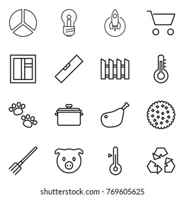 Thin line icon set : diagram, bulb, rocket, cart, window, level, fence, thermometer, pets, pan, chicken leg, cookies, fork, pig, recycling