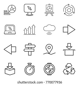 Thin line icon set : diagram, monitor arrow, presentation, around gear, notebook, graph up, cloud wireless, right, left, singlepost, geo pin, package, stopwatch, compass, recycling