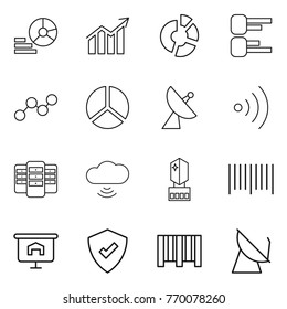 Thin line icon set : diagram, circle, graph, satellite antenna, wireless, server, cloud, crystall memory, bar code, presentation, protected