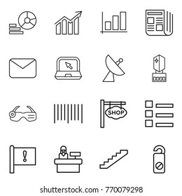 Thin line icon set : diagram, graph, newspaper, mail, notebook, satellite antenna, crystall memory, smart glasses, bar code, shop signboard, list, important flag, reception, stairs, do not distrub