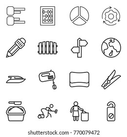 Thin line icon set : diagram, abacus, around gear, pencil, fence, signpost, earth, yacht, mixer, sponge, clothespin, washing powder, vacuum cleaner, garbage bin, do not distrub