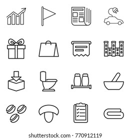 Thin line icon set : diagram, flag, newspaper, electric car, gift, shopping bag, atm receipt, palace, package, toilet, salt pepper, mortar, coffee seeds, mushroom, clipboard list, towel