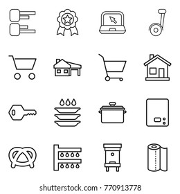 Thin line icon set : diagram, medal, notebook, segway, cart, house with garage, home, key, plate washing, pan, kitchen scales, pretzel, watering, hive, paper towel