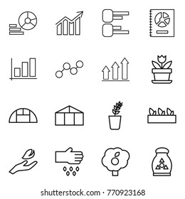 Thin line icon set : diagram, annual report, graph, up, flower, greenhouse, seedling, hand leaf, sow, garden, fertilizer